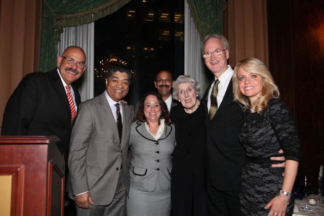 The two honorees of the Hon. Mary Ann G. McMorrow Service to the Profession Award, Hon. William H. Hooks (far left) and Michele M. Jochner (far right) are congratulated by Chief Judge Timothy C. Evans of the Circuit Court of Cook County; Deidre Baumann, Event Chair; Pierre W. Priestly, Justice of the Chicago Alumni Chapter; Hon. Mary Ann G. McMorrow (ret.), the namesake of the award; and John K. Norris, Justice of Phi Alpha Delta District XI.