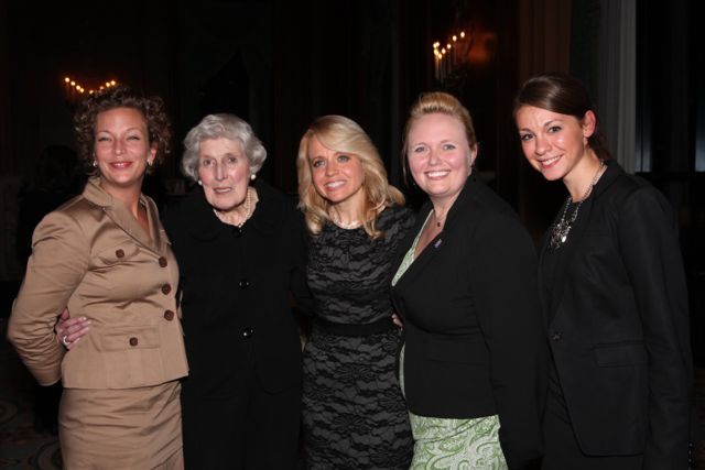 Justice Mary Ann G. McMorrow (Ret.)(second from left) and honoree Michele Jochner (center), visit with three DePaul University College of Law students Michele has mentored and who introduced her at the event: Kimberley Voichescu, Leah Farmer and Theresa Dollinger.