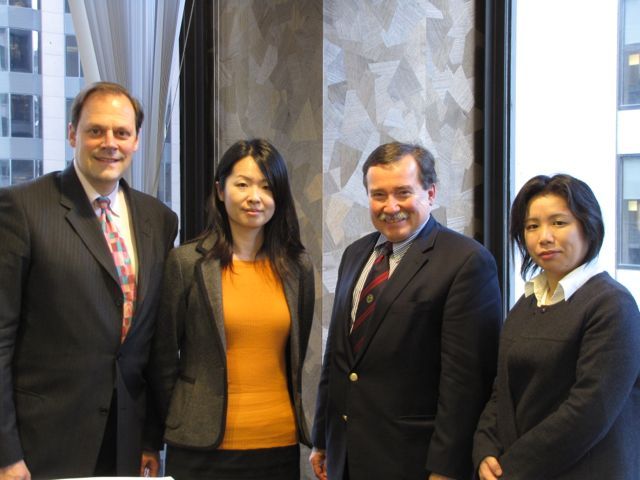 ISBA Board member Mark Wojcik and his fellow John Marshall Law Professor, William B.T. Mock, discussed international law at the ISBA's Chicago Regional Office with a visiting Japanese delegation. On hand for the event were (from left) Wojcik, Kyoko Oikawa, Attorney with the Japanese Ministry of Justice, Mock and Mika Ishii, Chief of 2nd Section for the Japanese Judicial System Department.