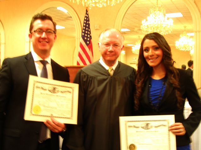 New admittees Jared Mullendore and Jazmin Newton-Butt with Justice Thomas L. Kilbride