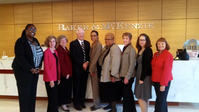 Pictured left to right:  Members of the conference planning committee -   Ngozi Okorafor (Black Women Lawyers’ Association, and Cook County Bar Association), Judge Ann Breen-Greco (District 8 Director/Liaison from NAWJ to the ABA Human Trafficking Task Force), Annemarie Kill (ISBA Standing Committee on Women and the Law), Bob Deignan (Senior Counsel, Baker & McKenzie), Administrative Law Judge Yolaine Dauphin (Conference planner; ISBA Administrative Law Section Council ex officio, and Standing Committee on Racial and Ethnic Minorities & the Law), Judge Marilyn Johnson (conference speaker), Sharon Eiseman (Chicago Bar Association Alliance for Women; Women's Bar Association of Illinois Task Force), Carol Casey (Cook County Public Guardian's Office), and Mary Petruchius (ISBA Standing Committee on Women and the Law). 
