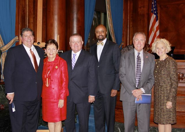 ISBA President Richard D. Felice, Illinois Supreme Court Chief Justice Rita B. Garman, ISBA 3rd Vice President Hon. Russell W. Hartigan, ISBA 2nd Vice President Vincent F. Cornelius, ISBA President-Elect Umberto S. Davi and Illinois Supreme Court Justice Anne M. Burke attend the rededication of the historic Illinois Supreme Court building in Springfield on Oct. 7.
