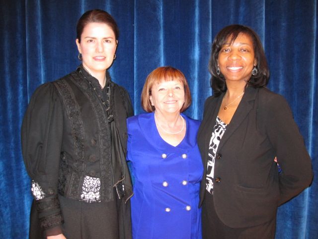 Jenner and Block attorney and Myra Bradwell re-enactor Rachel Morse (from left) with event chair Mary Petruchius and NIU Director of Alumni Events and Public Relations Melody Mitchell.
