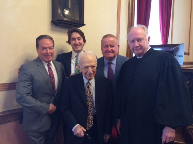 ISBA member Patrick Barry, his son, new admittee Colin Barry, former 3rd District Appellate Justice Tobias Barry, ISBA 2nd Vice President Judge Russell W. Hartigan and Illinois Supreme Court Justice Thomas Kilbride.
