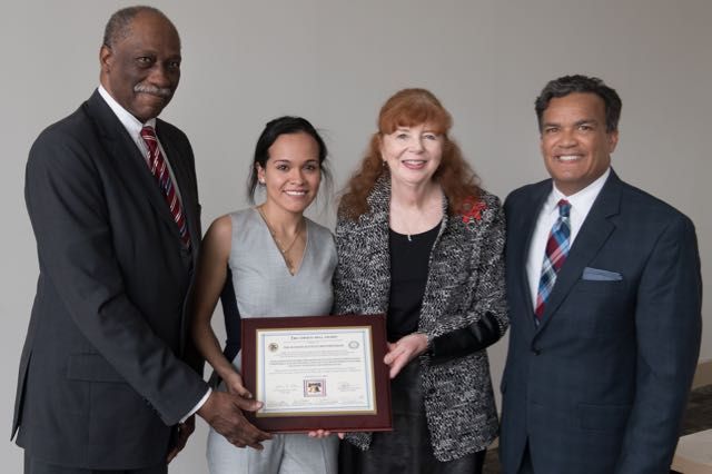From left: Cook County Circuit Court Judge Leonard Murray, Norma Gomez, Lake County JusticeCorps Fellow, Judge Patricia Golden (Ret.), Chair of the Illinois JusticeCorps Steering Committee and Lake County Chief Judge Jorge Ortiz
