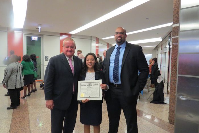 Hon. Russell Hartigan, Karina Mejia, and Jimmy Covington
