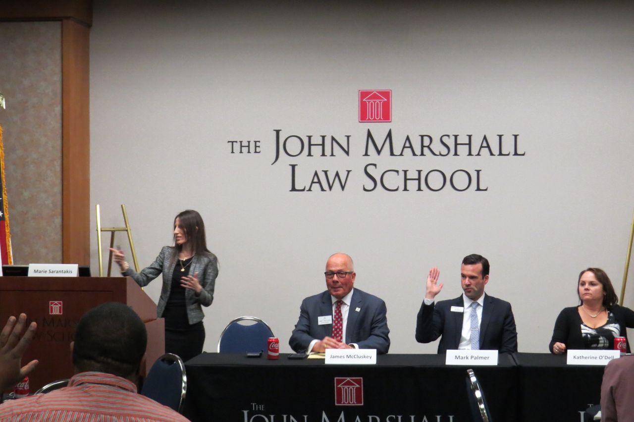 Marie Sarantakis, James McCluskey, Mark Palmer, and Katherine O&#39;Dell at ISBA Day at the John Marshall Law School.
