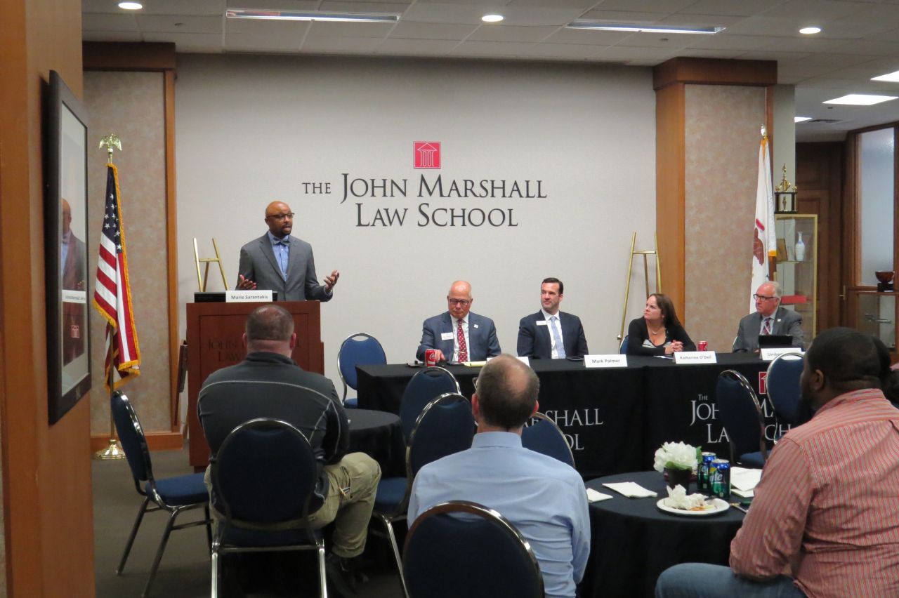ISBA President Vincent Cornelius, James McCluskey, Mark Palmer, Katherine O&#39;Dell, and Umberto&nbsp;Davi speak to an audience of law students&nbsp;at ISBA Day at the John Marshall Law School.
