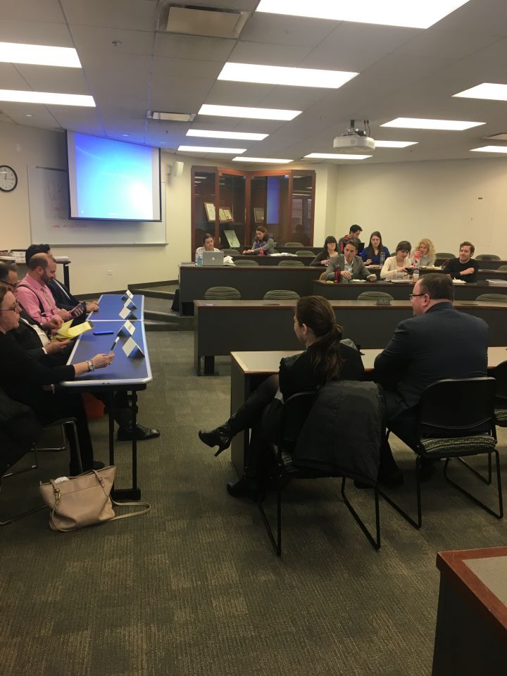 Atanu Das, Andrew Vaughn, William Love, and Judith Dever&nbsp;speak to an audience of law students at ISBA Day at Loyola University Chicago School of Law.
