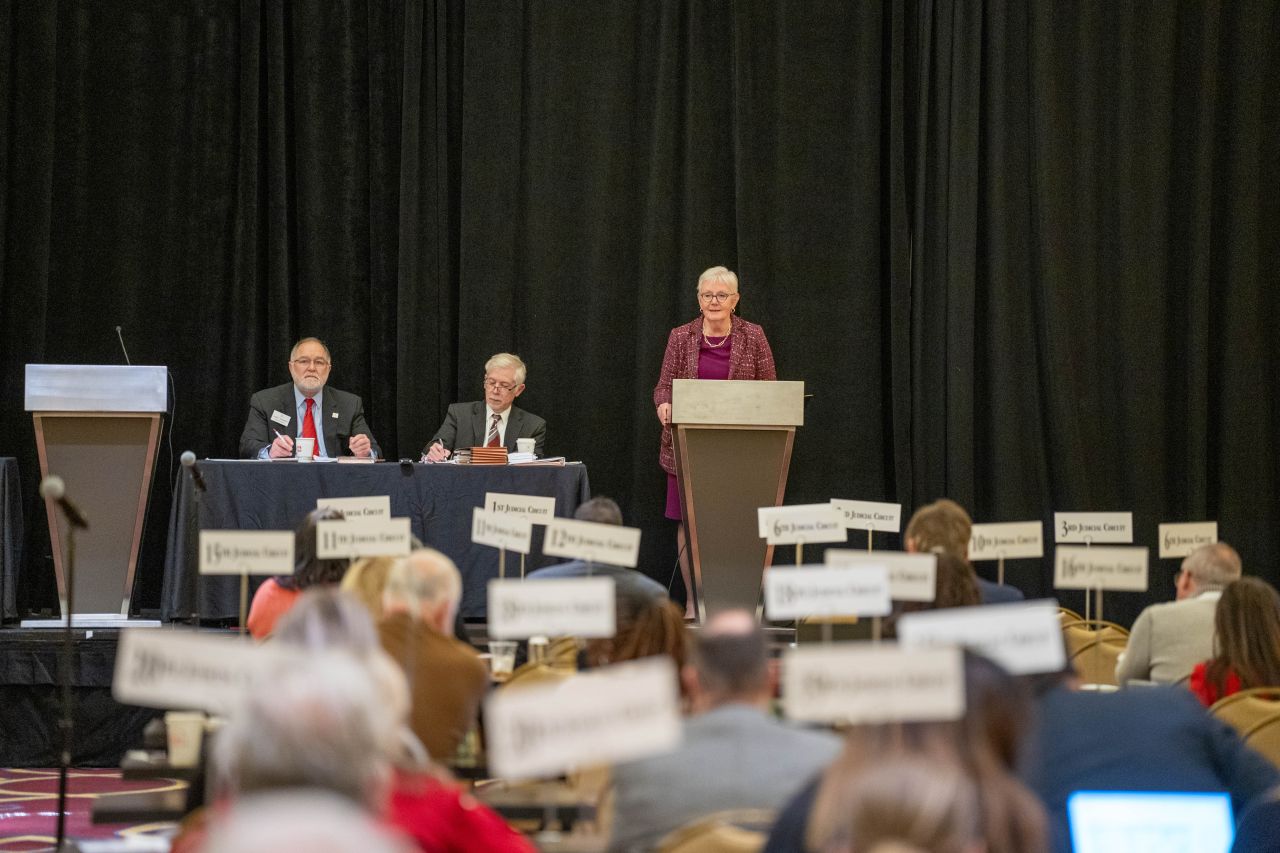 Illinois Supreme Court Chief Justice Mary Jane Theis offers remarks during the ISBA Assembly Meeting. 