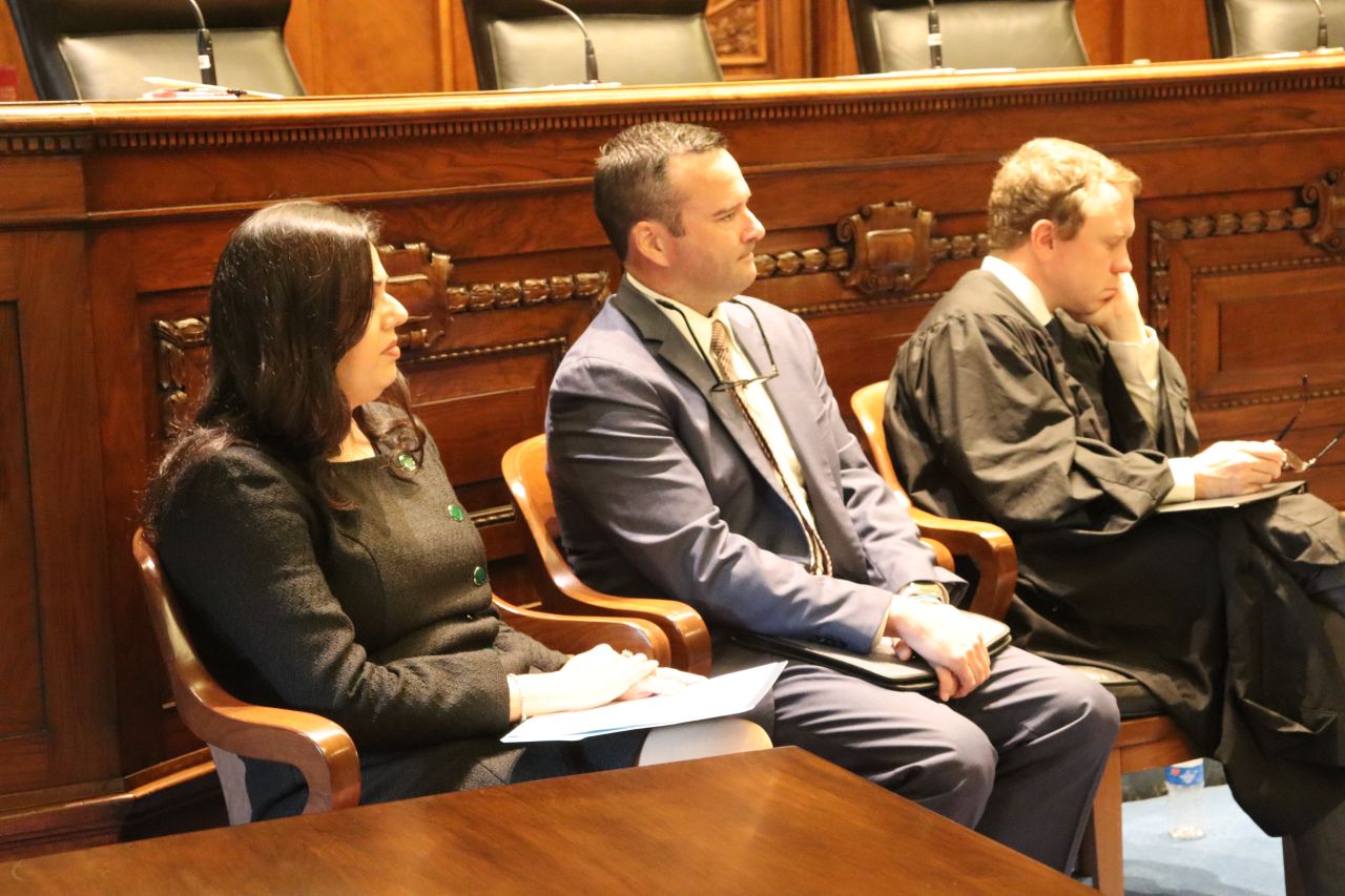 Illinois State Bar Association Board of Governors' Members Nargis Khokhar (left) and Mark Palmer (center)