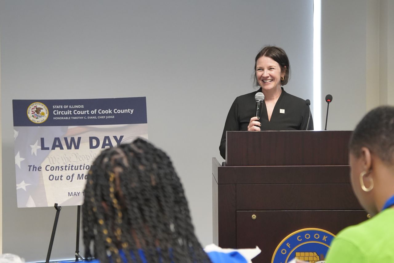 President-Elect Bridget C. Duignan speaks to students during Law Day 2025 at the Circuit Court of Cook County.