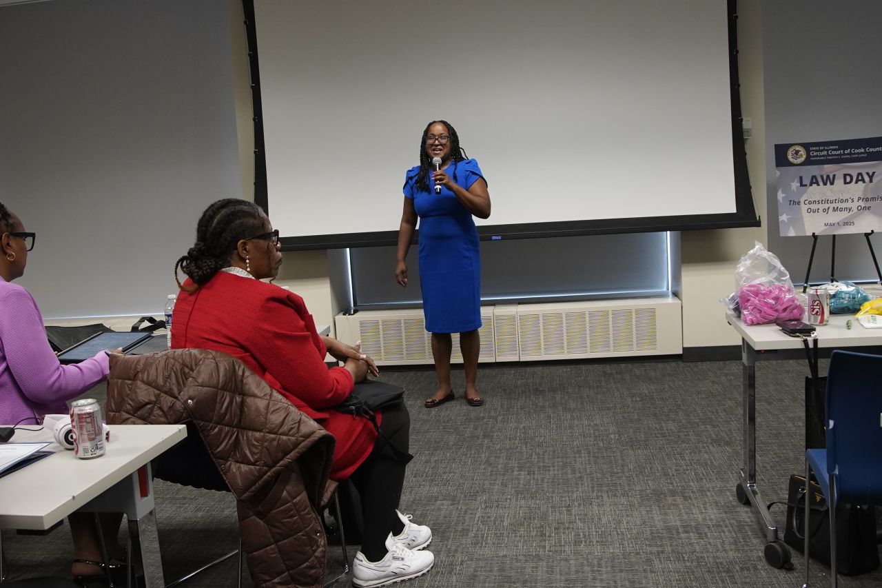 Law Day 2025 Co-Chair & ISBA member, Judge Kenya Jenkins-Wright, speaks to students.