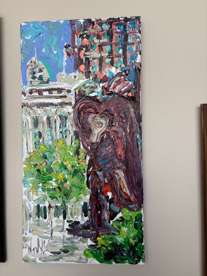 William Drew: "The attached original art masterpiece beauty of the famous and iconic Picasso in Chicago was coincidentally painted at the Daley Plaza in Chicago upon my leaving the court at the Daley Center one day in the past. The renowned ceramic artist Noel Skiba who specializes in colorful scenic works of Americana is the creator of my painting. After finishing my court hearing on this fine day, I started my descent from my assigned upper-level courtroom to this artist's vendor's booth that was in my pathway on this rainy spring weekday whereupon I began perusing her many varied American paintings done in ceramics on canvas."