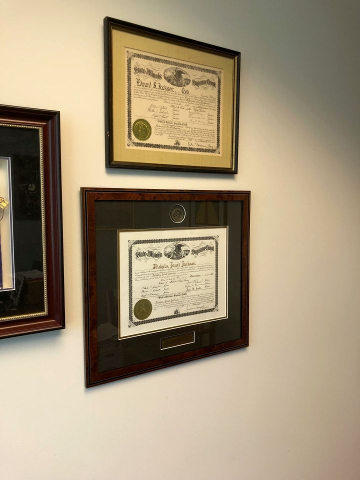 Ridgely Jackson: "A similar law license display repeats in offices everywhere, but the top license shines as my most prized possession; my dad’s Illinois law license dated November 12, 1952, compliments of the GI bill after WWII and John Marshall Law School. My law license earned 54 years later hangs below his. I began college later in life, and my dad, Edward S. Jackson, Esq., didn’t get to see my undergrad journey end, and he never knew I went to law school, but he would be proud to know his license hangs beside mine in downtown Chicago! For you, dad!