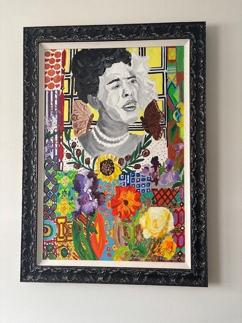 Khyra Kolidakis: "This portrait by my best friend, Hollie Davis --a celebrated local artist-- once hung in the Beverly Arts Center, where I used to rehearse with the Chicago Children's Choir. When I was studying for the bar exam, Hollie made a deal with me: she'd sell me the piece only if I passed. She kept her promise, and now it hangs in my home as a symbol of accountability, love, and legacy. It reminds me that I am seen by my community -- and that I owe it to them to keep showing up with purpose."