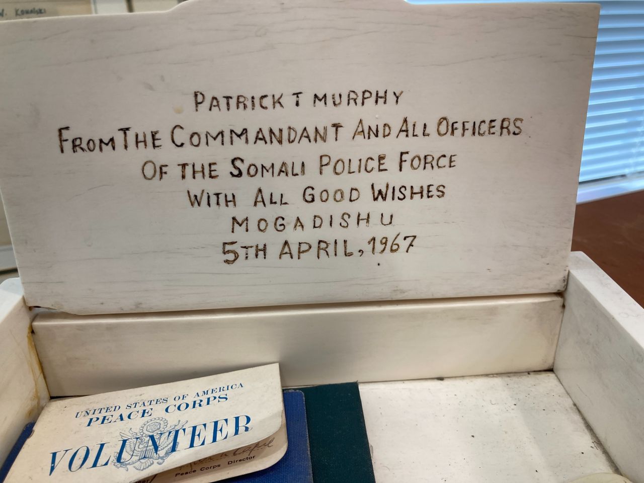 Patrick Murphy: "On my desk is an ivory box given to me by my friends from the Somalia national police force where I worked as a Peace Corps volunteer in the 1960s. I had taken a leave from the state's attorney to join the Peace Corps but whatever I contributed paled by what I learned about the world and myself. I left a mostly Caucasian, Christian milieu to a place where almost everyone I encountered was Black and Muslim. They were gracious and generous. They put up with me – and taught me much. For which I remain grateful."