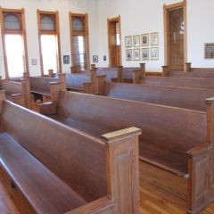 The benches were salvaged from a nearby church that happened to be closing.
