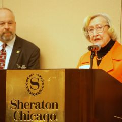 Dawn Clark Netsch presents the American Judicature Society's Special Merit Citation to Judge Mark A. Drummond, who accepted the award for the 7 Reasons to Leave the Party Program.