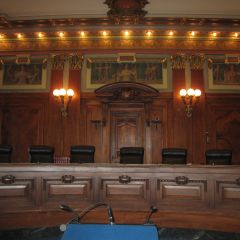 The seven Illinois Supreme Court justices preside in this courtroom