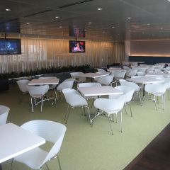 The 24th-floor employee cafeteria features two large-flat screen TVs and river views.