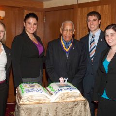 Judge Leighton is congratulated by student members of the PAD Lincoln Chapter at The John Marshall Law School.