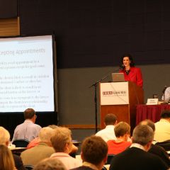 ISBA first assistant counsel Melinda Bentley speaks to an opening session on the New Illinois Supreme Court Rules of Professional Conduct; also speaking was General Counsel Charles Northrup.