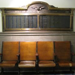 World War II memorial and antique benched on first floor