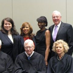 Illinois Supreme Court Justices Charles Freeman, Thomas Fitzgerald, Anne Burke and (rear) Justinian Society President Christina Mungai, WBAI President Patrice Ball-Reed, Cook County Bar Association President Marian E. Perkins and ISBA President John O'Brien