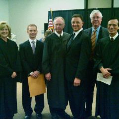 Appellate Justice Mary K. O'Brien, new admittee Zachary Hooper, Chief Justice Thomas L. Kilbride, ISBA President-elect John G. Locallo, George F. Mahoney III and Justice Tom M. Lytton