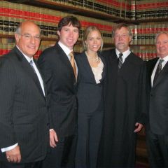 ISBA President-elect Mark Hassakis, new admittee Shaun Cusack, new admittee Lacey Camille Shoff, Justice William E. Holdridge and attorney and ISBA member Dan Cusack