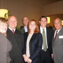 New admittee Rachael Moore Keehn (from left) with her father, Judge James R. Moore, new admittees Elizabeth Dahlmann and Mark Beatty with Mark's dad Bill Beatty (rear) and ISBA President Hassakis