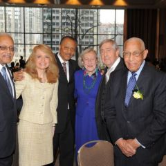 Hon. Everette Braden (Ret.), Michele Jochner, Lionel Jean-Baptiste and Dawn Clark Netsch, greet Honorary Co-Chairs Jerold S. Solovy and Hon. George N. Leighton (Ret).
