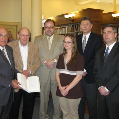 ISBA President-elect Mark Hassakis presented the Lincoln Papers book set to the Greenville Public Library on March 30. From left to right: Hassakis, with ISBA members Douglas Marti, Patrick Schaufelberger, Dora Mann, Judge John Knight and Chris Bauer at the historic Carnegie library in Greenville.