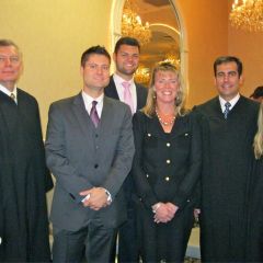 Judge Clarence A. Darrow, new admittee Bryan Hernandez,  new admittee Adam Bowton, ISBA Treasurer Karen Enright, Circuit Judge Clarence M. Darrow and Judge Sara L. Darrow