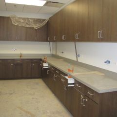 Cabinets and counters are nearly complete in the copy/mail room.