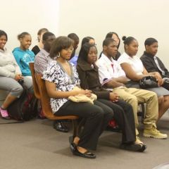 Students listen in court at the Daley Center.