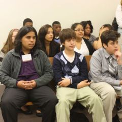 Students listen in court at the Daley Center.