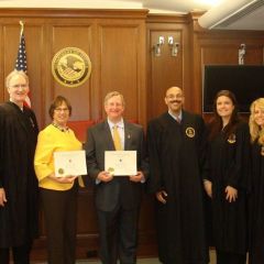 Leaders of Phi Alpha Delta welcome the newest members of the Chicago Alumni Chapter after their initiation.  L to R:  John K. Norris, Phi Alpha Delta District XI Justice; new initiate Hon. Susan Fox Gillis of the Circuit Court of Cook County; new initiate Matthew A. Flamm of Flamm Teibloom & Stanko Ltd.; Chicago Alumni Chapter Justice Pierre W. Priestley; Chicago Alumni Chapter Marshal Lauren Chibe; and Michele M. Jochner, Chair of the Executive Board of the Chicago Alumni Chapter.