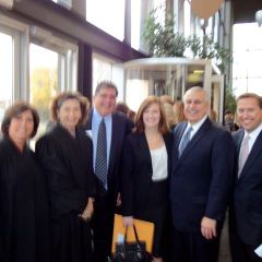 Appellate Justice Mary S. Schostok, Appellate Justice Ann Jorgensen, ISBA 2nd Vice President Richard D. Felice, new admittee Laura Maglio, her employer Sam Tornatore and ISBA Secretary John Nisivaco

