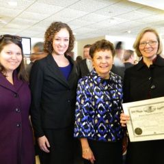 New admittees Lisa R. Schlessinger (Savoy), Rachel E. Petter (Springfield), and Starla L. Carpenter (Urbana) with Illinois Supreme Court Justice Rita B. Garman 