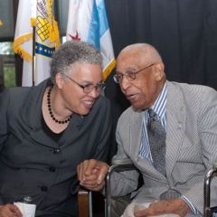 President Preckwinkle and Judge Leighton share a moment prior to the unveiling of the permanent lobby exhibit chronicling his life.  This exhibit was underwritten by The John Marshall Law School, where Judge Leighton served as an adjunct professor for nearly 40 years. 