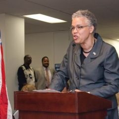 Cook County Board of Commissioners President Toni Preckwinkle welcomes attendees to the formal ceremony.