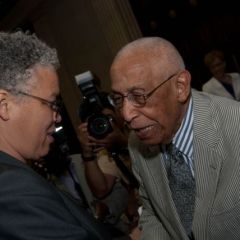 Hon. Toni Preckwinkle, President, Cook County Board of Commissioners, greets Judge Leighton.