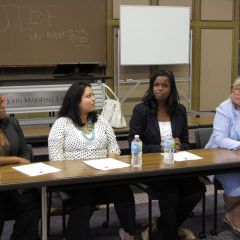 The Women in the Law panel consisted of (left to right) Tiffanie Powel of Tiffanie B. Powell and Associates, Nubia Willhem and the Legal Assistance Foundation, Kimberly Foxx of the Cook County State’s Attorney’s Office and ISBA President-elect Paula H. Holderman of Winston & Strawn.