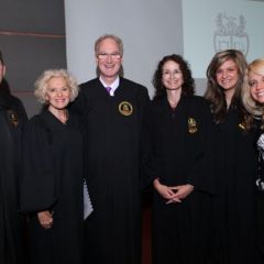 Prior to the ceremony, Illinois Supreme Court Justice Anne M. Burke (second from left) and Executive Director of the Illinois Supreme Court's Commission on Professionalism, Jayne R. Reardon (third from right), meet with Phi Alpha Delta leaders,  Tim Handell, Justice of the Webster Chapter at the Loyola University School of Law,  John K. Norris, District XI Justice; Deanna Radjenovich, Justice of the Lincoln Chapter at The John Marshall Law School, and Michele Jochner, Assistant District XI Justice and Chair of the Executive Board of the Chicago Alumni Chapter.