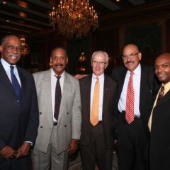 Honoree Judge William H. Hooks (second from right) is congratulated by Hon. Leonard M. Murray of the Circuit Court of Cook County, Deputy Sheriff Walter Hudson, Attorney John Lowrey, and Hon. Carl Walker, Circuit Court of Cook County. 