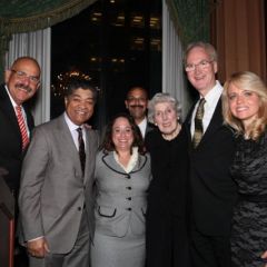 The two honorees of the Hon. Mary Ann G. McMorrow Service to the Profession Award, Hon. William H. Hooks (far left) and Michele M. Jochner (far right) are congratulated by Chief Judge Timothy C. Evans of the Circuit Court of Cook County; Deidre Baumann, Event Chair; Pierre W. Priestly, Justice of the Chicago Alumni Chapter; Hon. Mary Ann G. McMorrow (ret.), the namesake of the award; and John K. Norris, Justice of Phi Alpha Delta District XI.