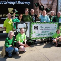 The luck of the Irish was with participants in the annual St. Patrick’s Day Parade, who enjoyed bright sunshine and record temps as they marched down Chicago’s Columbus Drive. ISBA participants included (standing, from left) Craig Somach, Kristi Vetri, ISBA President John G. Locallo, John Bailen, ISBA Board member Judge Russell Hartigan, Jim Reilly and John Murphy. Kneeling are Anne Murphy and daughters Kathleen, Maggie and Joan.