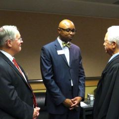 ARDC Administrator Jerry Larkin, ISBA 3rd Vice President Vincent F. Cornelius and Illinois Supreme Court Justice Charles Freeman chat following the afternoon ceremony.